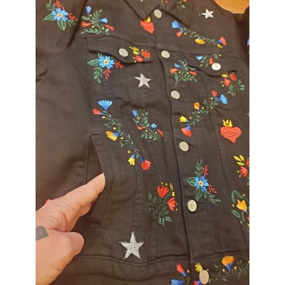 Lifted Anchors Rialto Jacket Black Denim Mens Small Embroidered Flowers Hearts - Picture 10 of 11